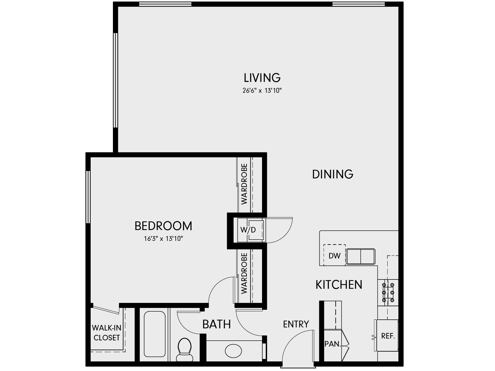 Floor plan for 1 bed, 1 bath, 977 sqft